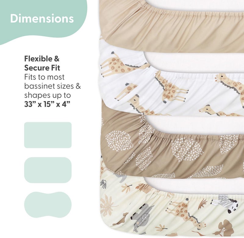 The Peanut Shell Baby Bassinet Sheets 4-Pack - Soft, Oval & Fitted Baby Girls or Boys Sheet, Rectangle, Fitted Covers for Crib, Halo Bassinet Mattress - Safari Neutral - Image 4